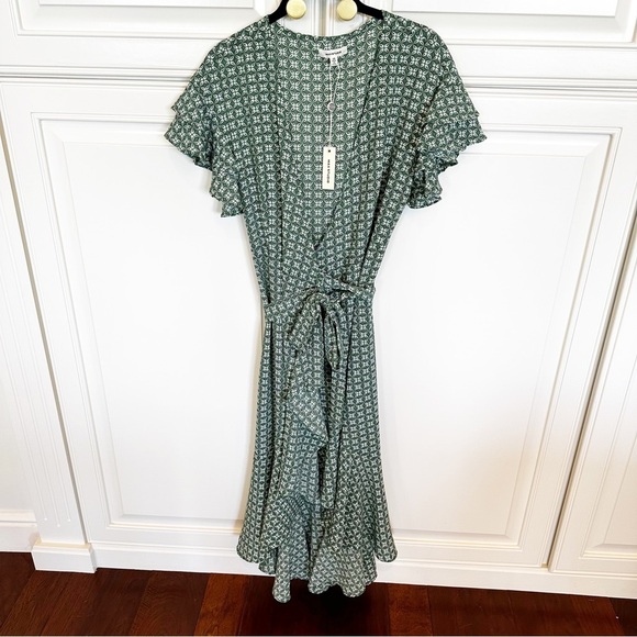 Max Studio Women’s NWT Green Patterned Ruffle Wrap Belted Midi High Low Dress XS - Picture 2 of 10